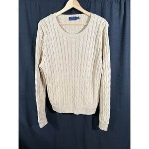 Polo Ralph Lauren Cable Knit Crew Neck Sweater‎ 100% Cotton Tan Preppy Mens XL
